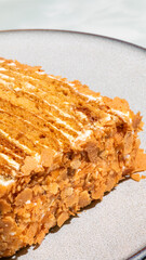 Layered honey cake whispers sweet nostalgia, evoking Slavic tea ceremonies and Maslenitsa feast under golden autumn sunlight