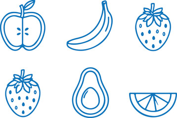 Blue fruit icons apple banana strawberry avocado citrus slice vector