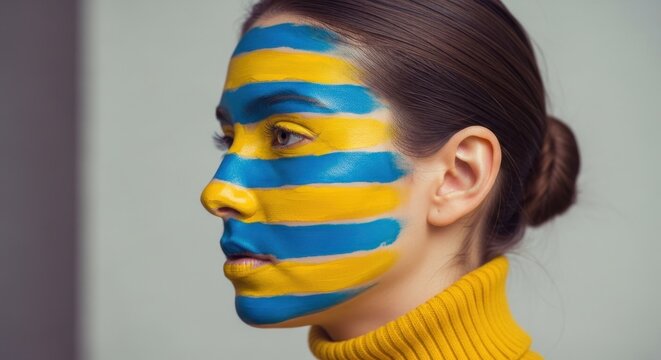 Profile Woman with bold blue and yellow painted stripes - Powered by Adobe