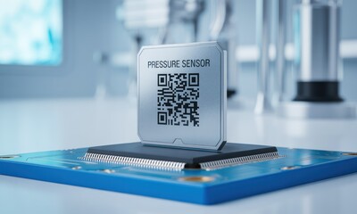QR-coded sensor on blue circuit board, laboratory setting