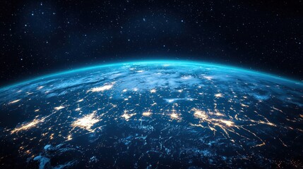 The Earth's horizon with a blue atmosphere and illuminated cities at night.