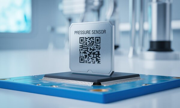 QR-coded sensor on blue circuit board, laboratory setting