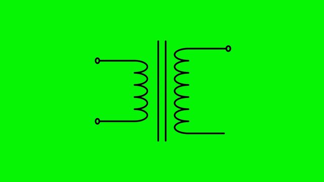 Animated step-up transformer line symbol on green screen. Ideal for electrical, engineering, physics, and educational video content or technical motion graphics.