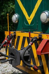 Colorful train front, industrial vibrancy, steampunk aesthetic, mechanical nostalgia, Rail Heritage...