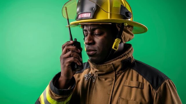 African american man in firefighter gear talking on radio with serious expression on green background video.