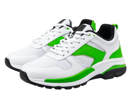 Modern athletic sneakers in white and neon green, isolated on a transparent background