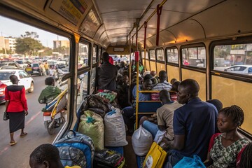 A crowded bus with people talking on their cell phonesA crowded bus with people talking on their cell phones. Scene is busy and chaotic