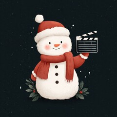 Snowman holding a clapperboard stands against a dark background, capturing the essence of winter celebrations and creativity