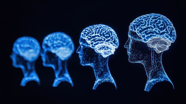 A human brain with different stages of development, from fetus to adult, against a black background.