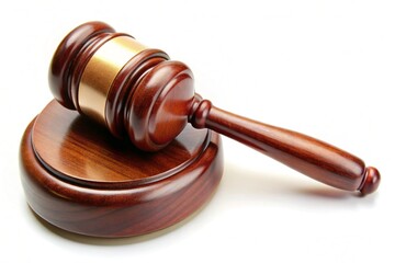 A wooden gavel rests on a wooden base