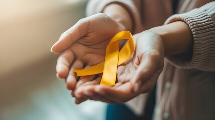 Young female holding yellow gold ribbon awareness symbol for endometriosis, suicide prevention, sarcoma bone cancer, bladder cancer, liver cancer and childhood cancer concept. Health care. Copy space.