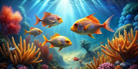 Obraz premium Radiant Reef Inhabitants A Vivid Underwater Scene Featuring Golden Fish and Vibrant Coral