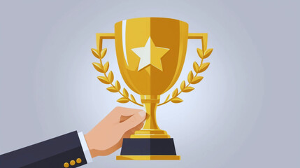 Golden Trophy Held Up by a Hand – Vector Icon of Victory, Achievement, and Success Against a Light Gray Background.