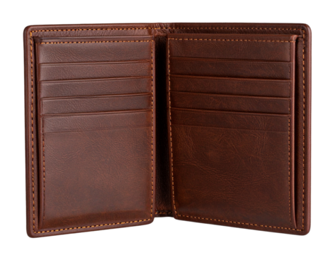 Luxury men’s wallet in dark brown leather, isolated on a transparent background