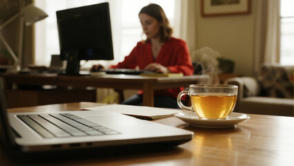 Fototapeta premium Gentle ambiance of a woman working at home with a cup of steaming tea near a laptop on the desk creating a cozy and productive workspace.