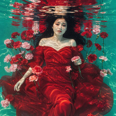 A captivating underwater portrait of a woman in a flowing red dress, surrounded by lush bouquets of carnations.