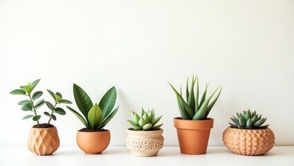 Fototapeta premium Assortment of potted plants with green leaves and terracotta pots on white surface