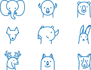 Blue line art animal portraits elephant rhino