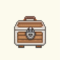 Treasure chest. Pirates. Pixel art.  The pirate treasure chest is perfect for game and retro design, invitations, nautical and pirate parties, packaging, textiles, notebooks, and digital art projects.