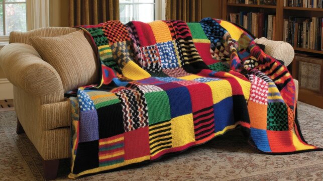 Colorful patchwork blanket draped over a neutral-toned sofa