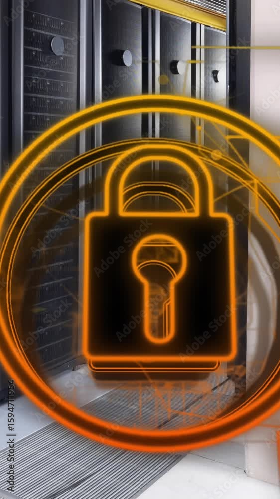 Poster padlock icon, glowing network and data processing over computer server room
