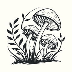 Stylized Mushroom Tattoo Design – Retro Botanical Fungi Print