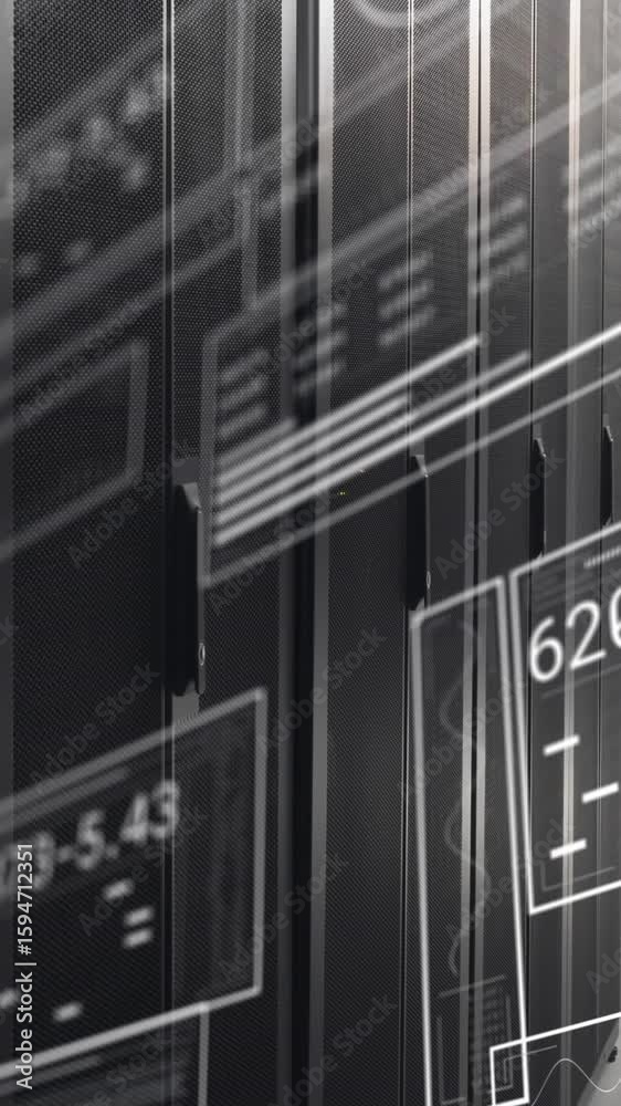 Poster animation of interface with data processing against computer server room