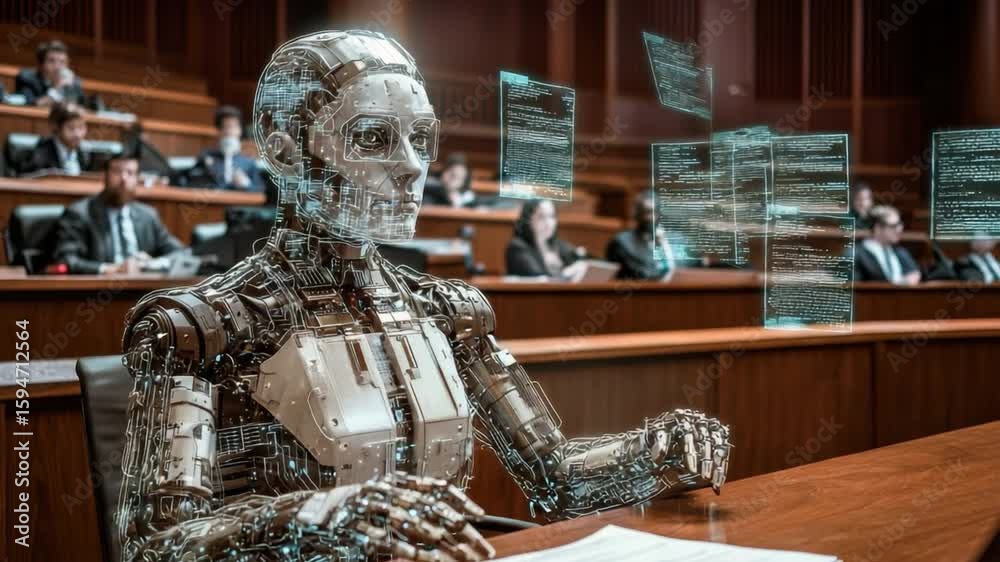 Poster advanced robotics in courtroom setting with virtual data displays
