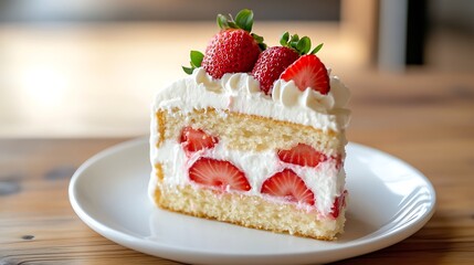 Slice of Strawberry Cream Cake on a White Plate