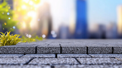Fototapeta premium Serene urban scene featuring textured stone pavement with vibrant green grass growing at edge, illuminated by soft sunlight