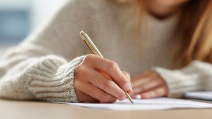 Close-up of man writing in notebook on wooden desk outdoors with laptop and glasses. Writing a Standout Personal Statement, concept of remote work or journaling, casual setting