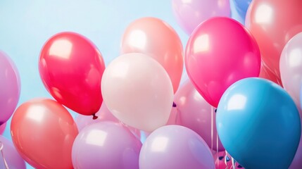 A colorful assortment of balloons against a blue background.
