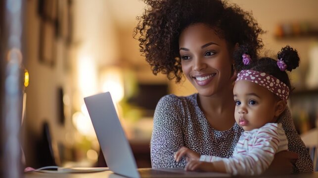 A young woman with curly hair and a baby girl sitting at a table with a laptop. - Powered by Adobe