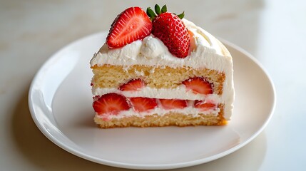 Slice of Strawberry Shortcake with Cream and Fresh Berries on a White Plate