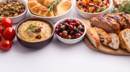 A delectable spread of Mediterranean appetizers showcasing hummus, olives, roasted vegetables, and grilled meat served with fresh bread and rosemary, on white table.