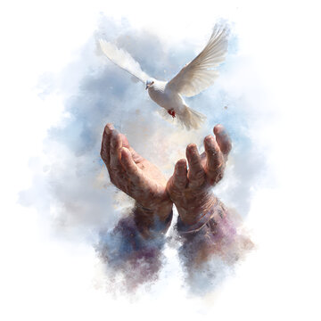 Dove of Peace: Watercolor Illustration of White Dove Flying Above Hands - Hope, Freedom, and Spirituality