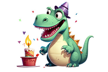 Un petit dinosaure mignon et coloré qui fête son anniversaire sur fond transparent PNG