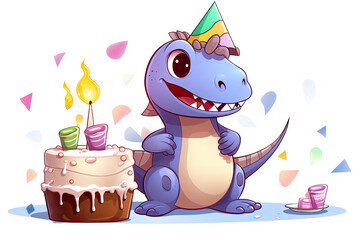 Un petit dinosaure mignon et coloré qui fête son anniversaire sur fond transparent PNG