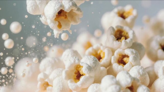 Macro view of popcorn with white spheres floating around it