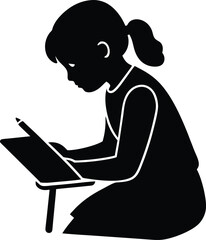 Girl Doing Homework at Desk silhouette vector art illustration