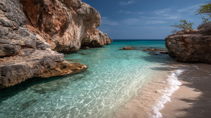 Fototapeta premium A view of a secluded beach with clear water and rocky cliffs on either side