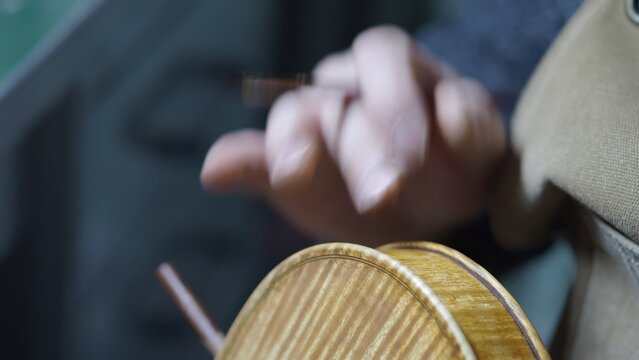 Skilled luthier hand applying protective varnish layer on violin body, carefully working in traditional wooden craftsman workshop with meticulous technique