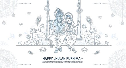 Obraz premium Lord krishna and radha on a swing celebrating jhulan purnima festival