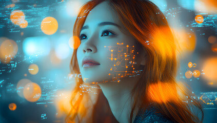 Customer standing at the center of a circular interface displaying real-time demographic and behavioral analytics