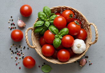 fresh red tomatoes and basil herbs in wicker basket for cooking