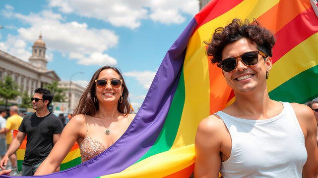 Laughing queer couple celebrating Pride Month outdoors with rainbow flag in a vibrant parade