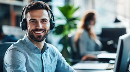 Fototapeta premium A smiling man wearing headphones in an office setting.
