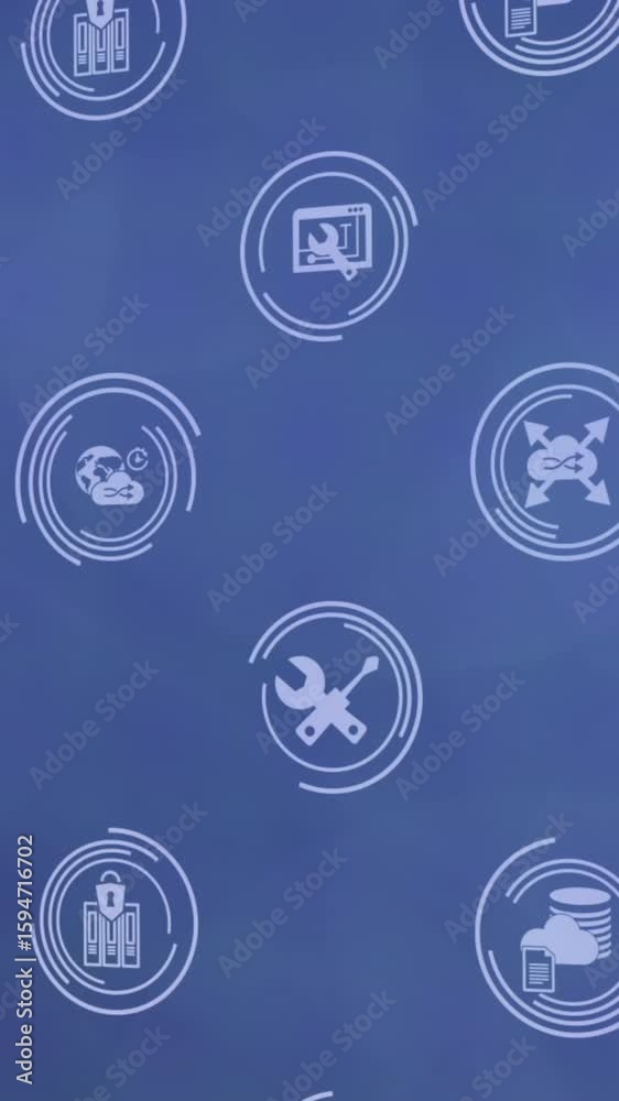 Poster animation of icon in loading circles over dots forming abstract patterns in background