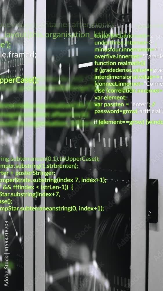 Poster Animation of computer languages and illuminated connected dots moving on data server systems