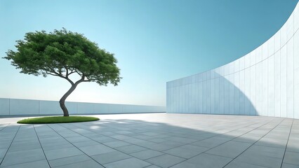 Minimalist Architecture with Tree and Open Space Under a Clear Sky Ideal for Backgrounds and Design Elements in Creative Projects